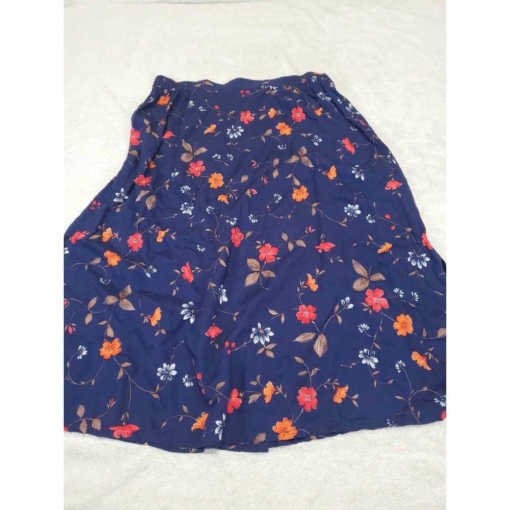 Vintage Sag Harbor Navy Blue Orange Floral Button Midi Skirt 1X Feminine Cottage